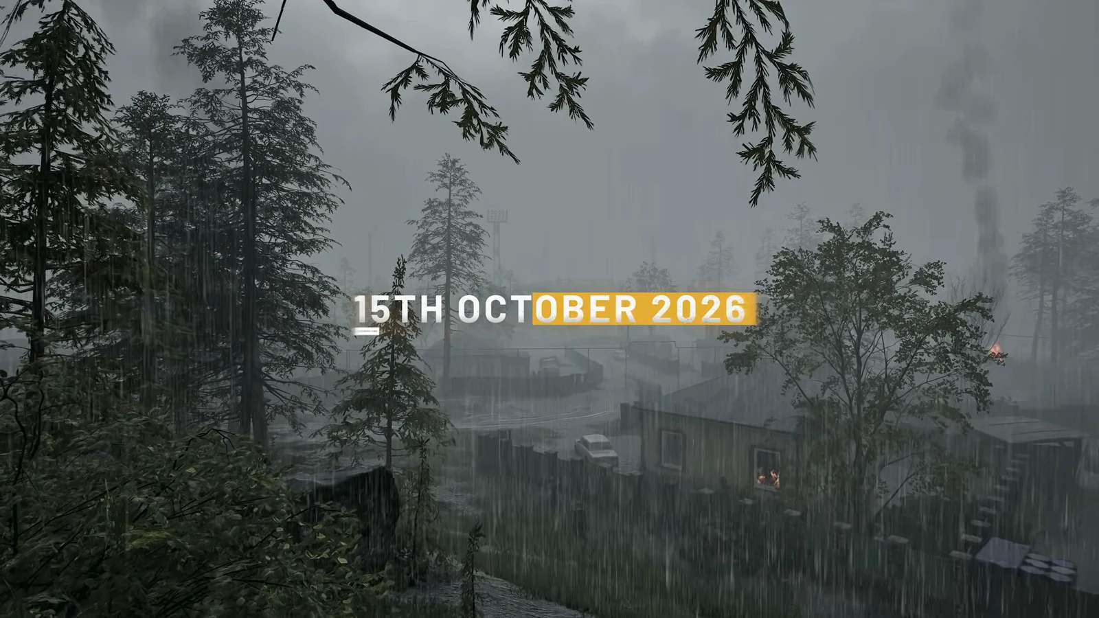 Rainy village scene with 15TH OCTOBER 2026 on screen and a helicopter overhead