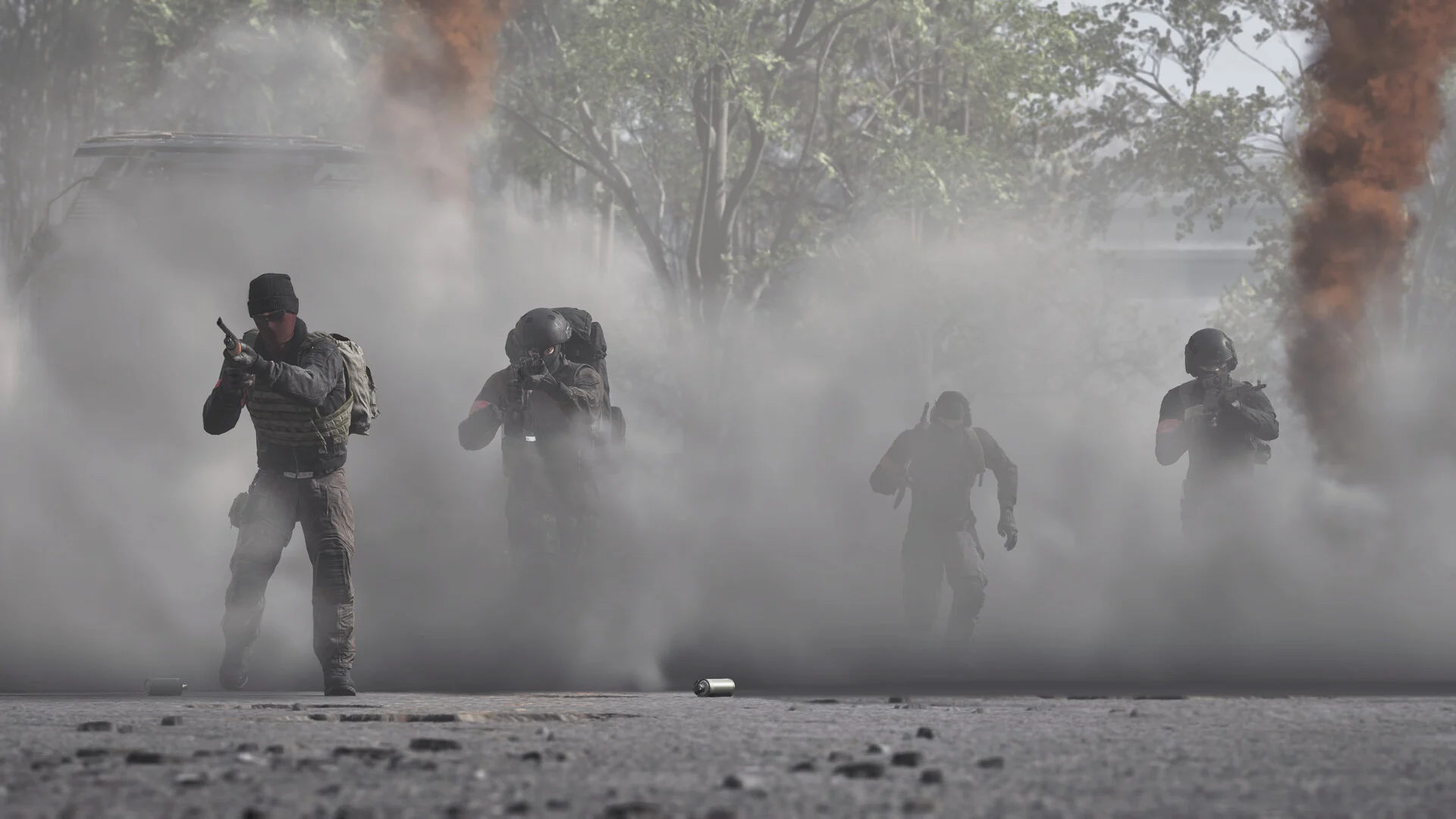 A squad pushing through smoke in WARDOGS