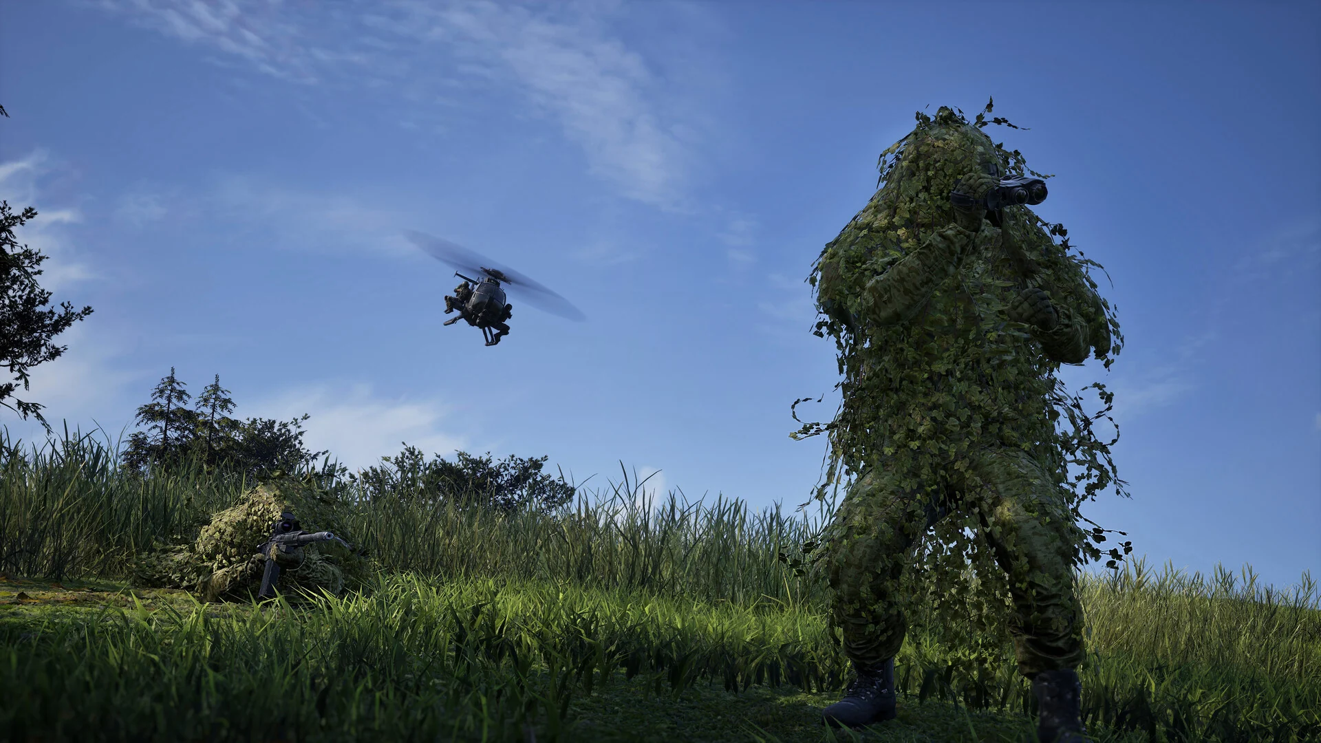 A ghillie-suited spotter using binoculars in WARDOGS
