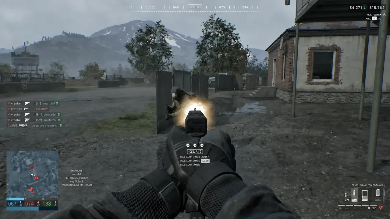 First-person view of a WARDOGS player aiming down sights and firing at an enemy behind cover