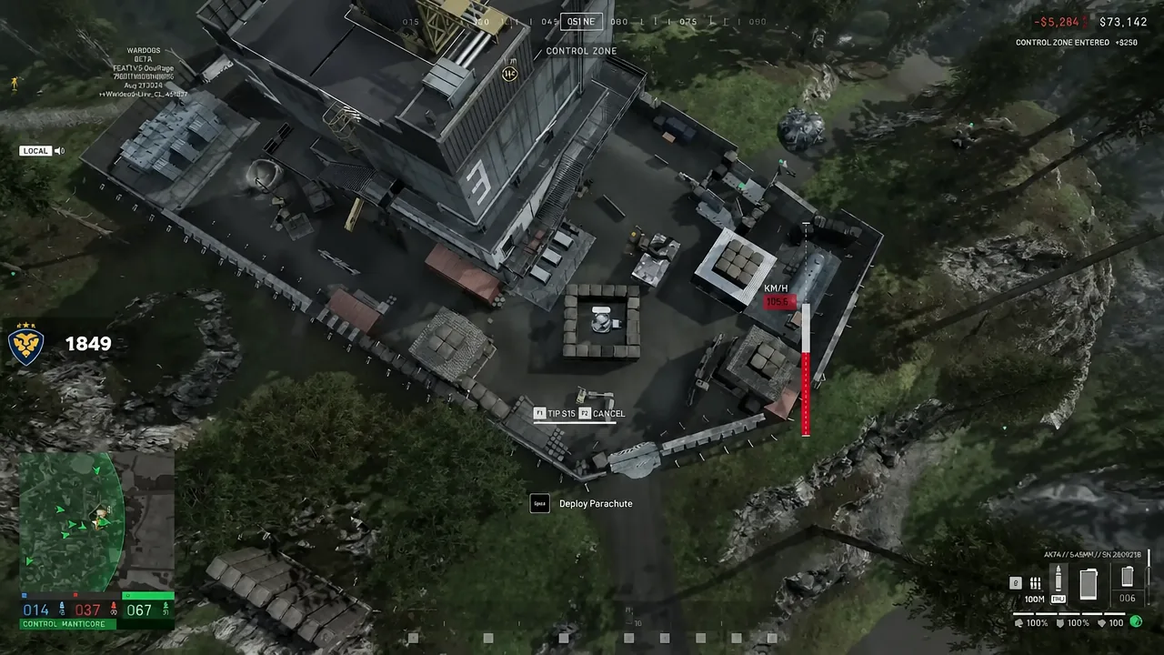 Aerial WARDOGS view with the Space key parachute prompt while dropping toward a control zone