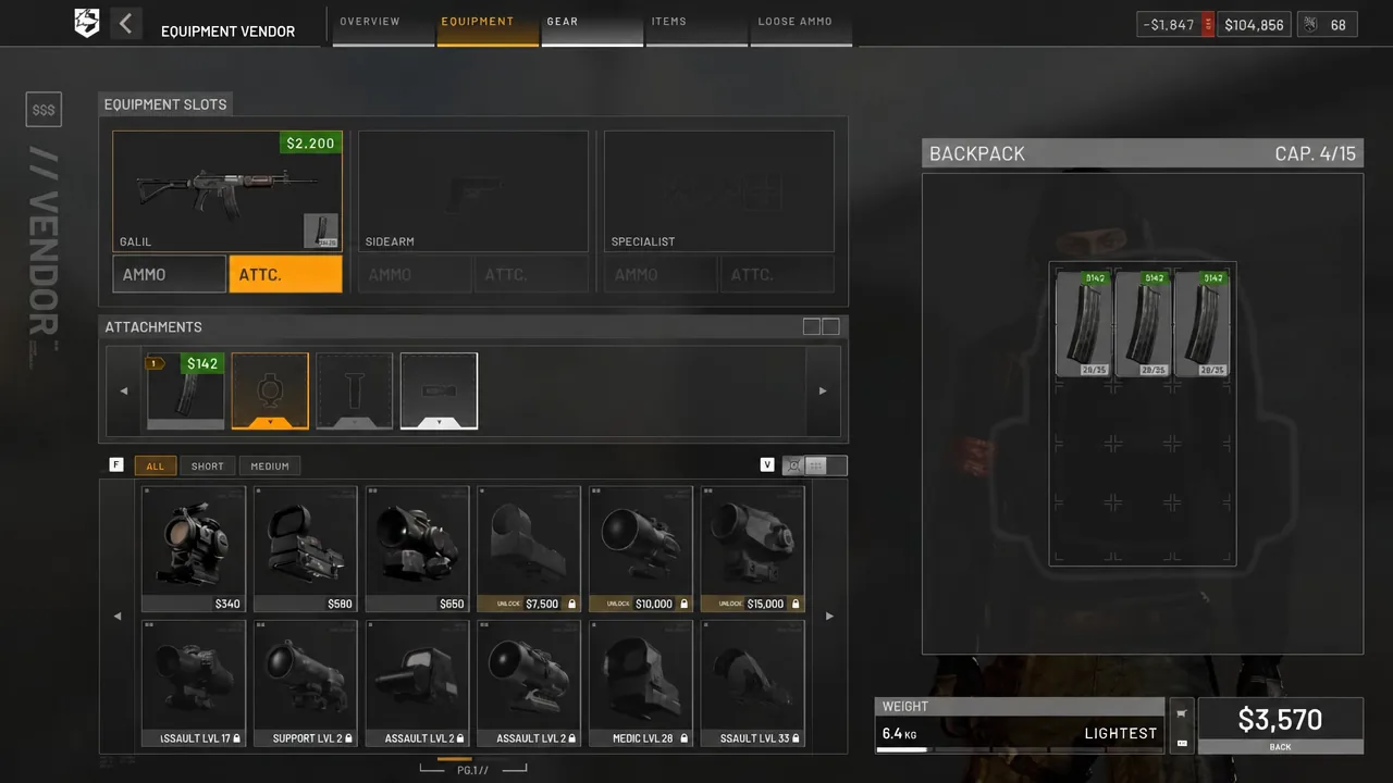 Equipment Vendor attachment tab open on a Galil, showing available foregrips and muzzle options