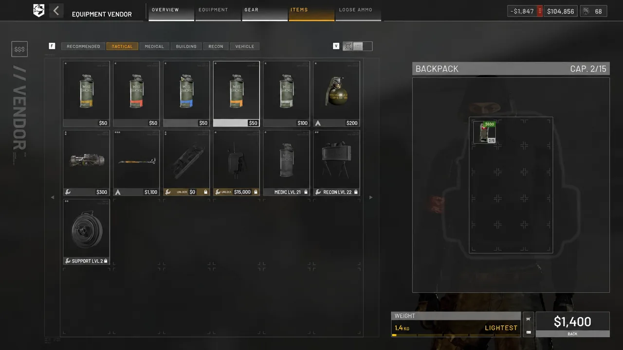 Tactical item list in the vendor showing signal grenades alongside the white smoke grenade