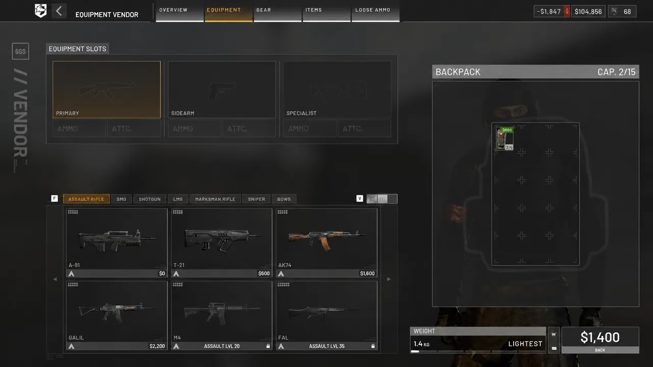 Equipment Vendor with the primary weapon slot selected and the assault rifle category listed