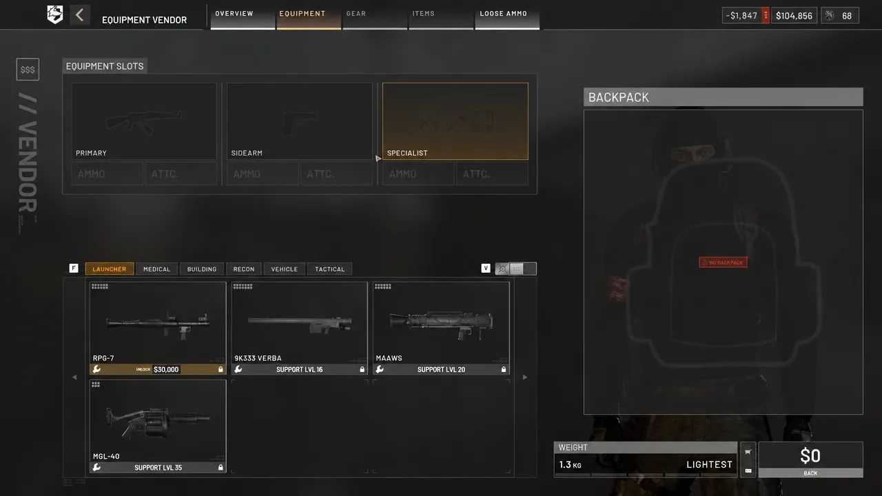 Specialist slot selected in the vendor with the launcher category open and RPG options listed