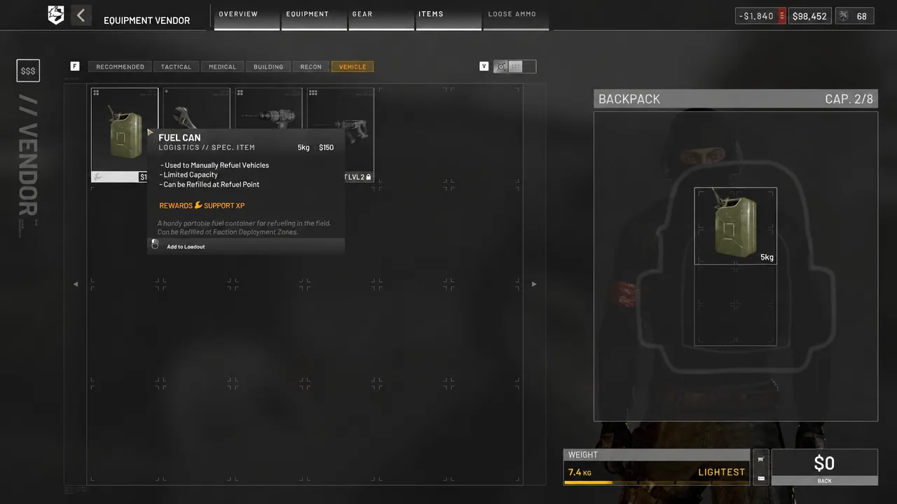 Vehicle tab of the vendor with the Fuel Can selected and its details panel open