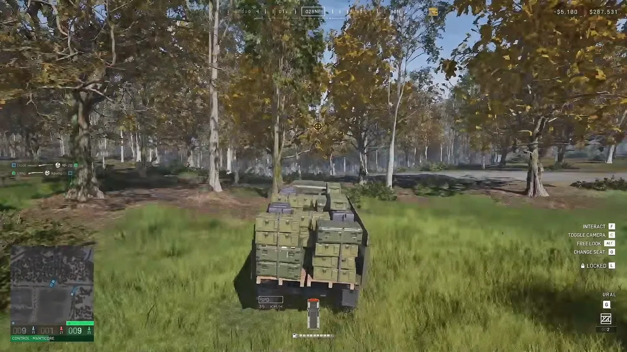 Driving a URAL cargo truck along a forest road with interact prompts on screen