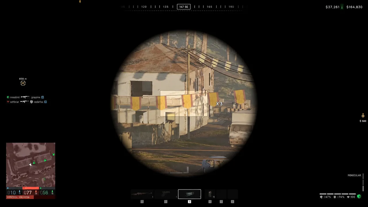 Marksman rifle scope view picking out infantry across the hot zone