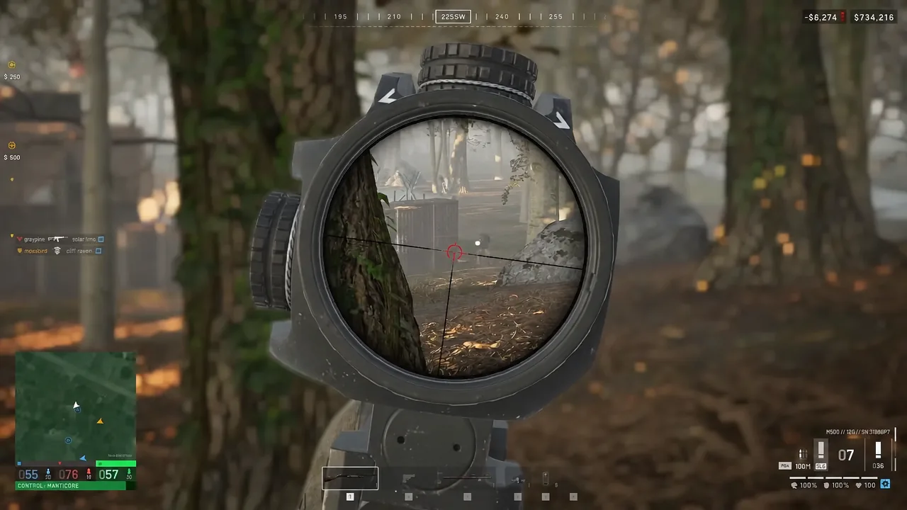 Aiming down a scoped optic into dense woodland during a firefight