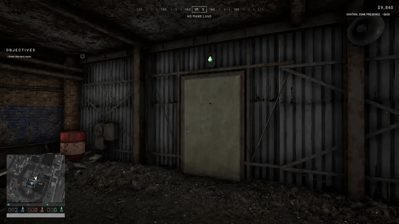 Green interaction marker glowing above a doorway as the player advances to the next tutorial room