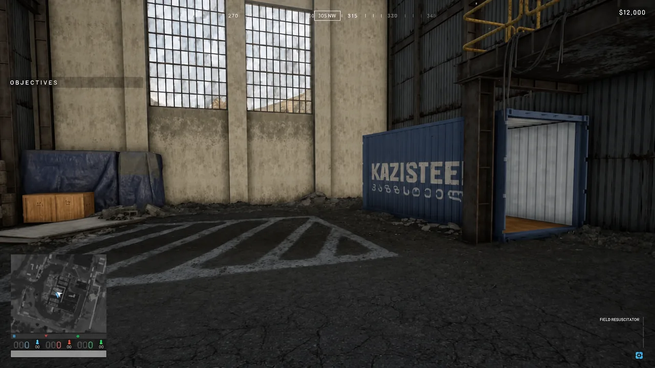 Field Resuscitator held in first person inside the warehouse with the objectives HUD visible