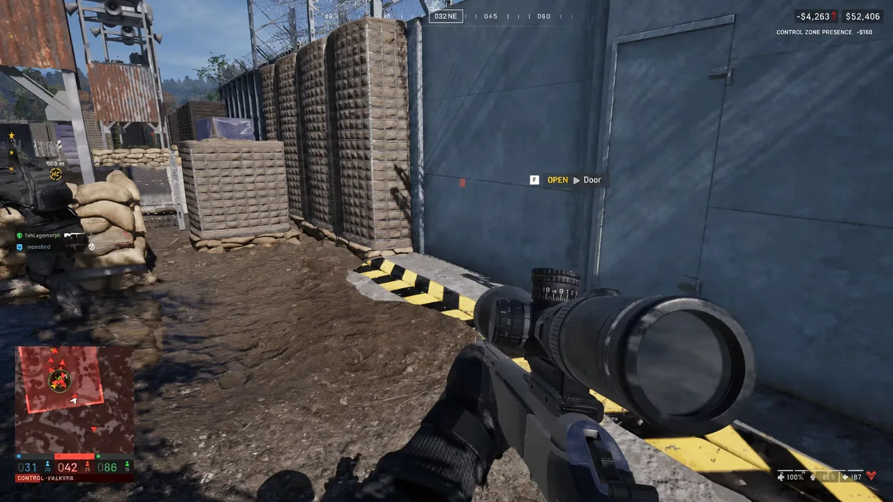 Door interaction prompt in WARDOGS showing press F to open the door