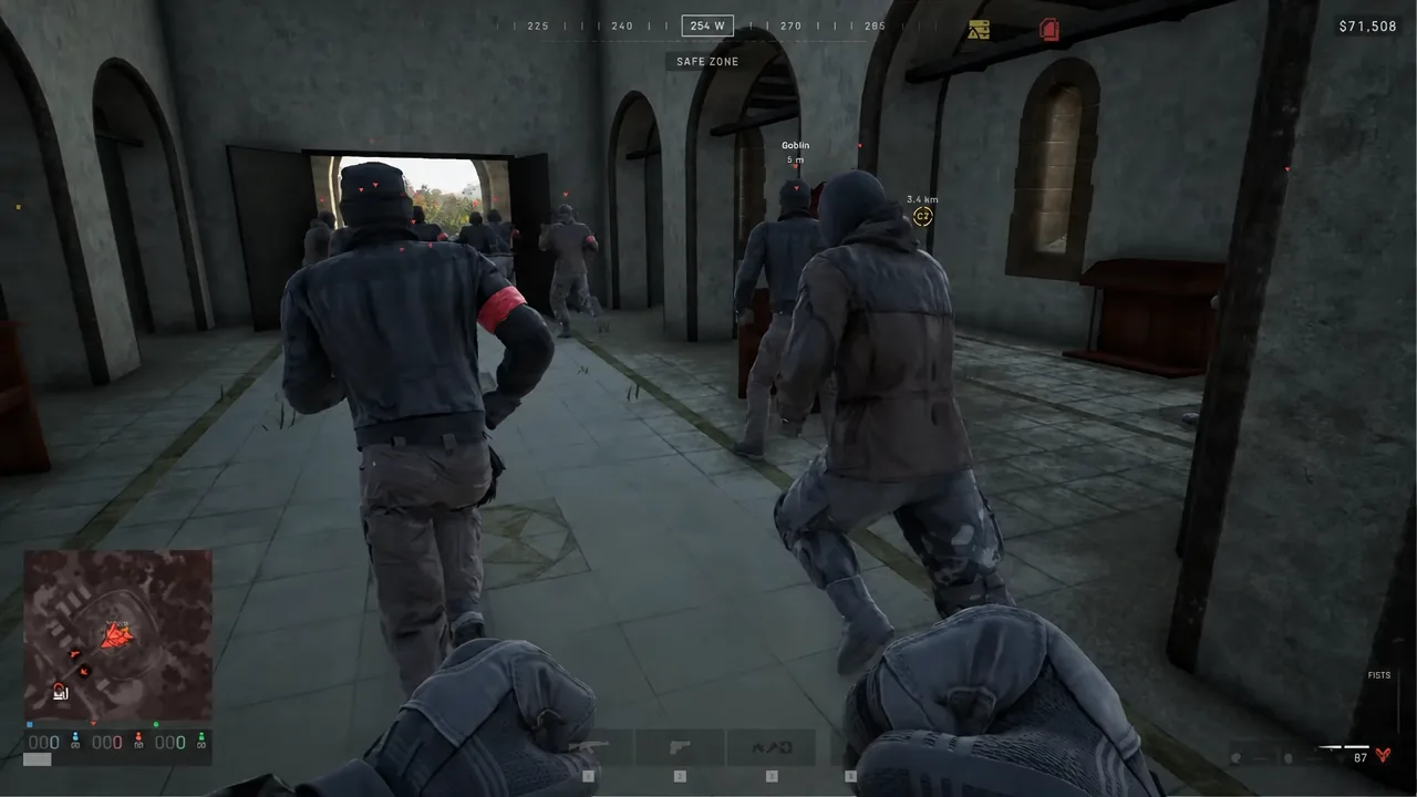 Player pushing through a church with teammates in WARDOGS, objective marker showing 3.4 km away