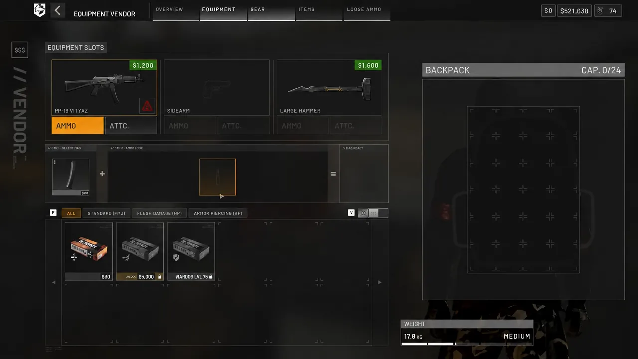 Equipment Vendor screen in WARDOGS with the PP-19 Vityaz ammo tab open and magazine options listed