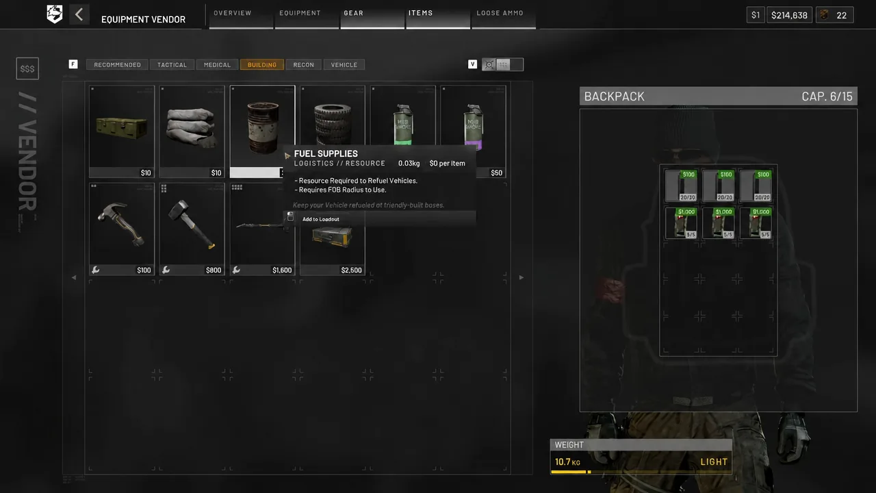 Building tab of the WARDOGS Equipment Vendor with Fuel Supplies selected for a loadout