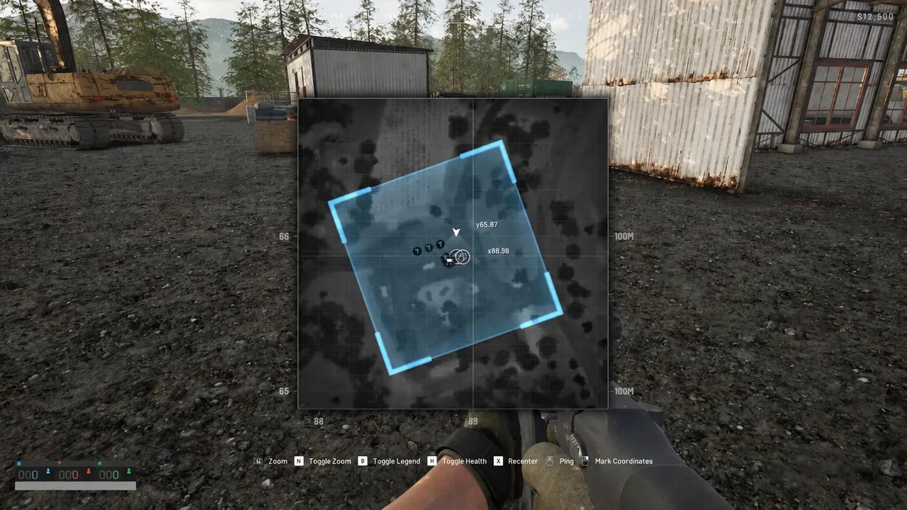 Tactical map overlay open in WARDOGS with a blue search area highlighted and map controls visible
