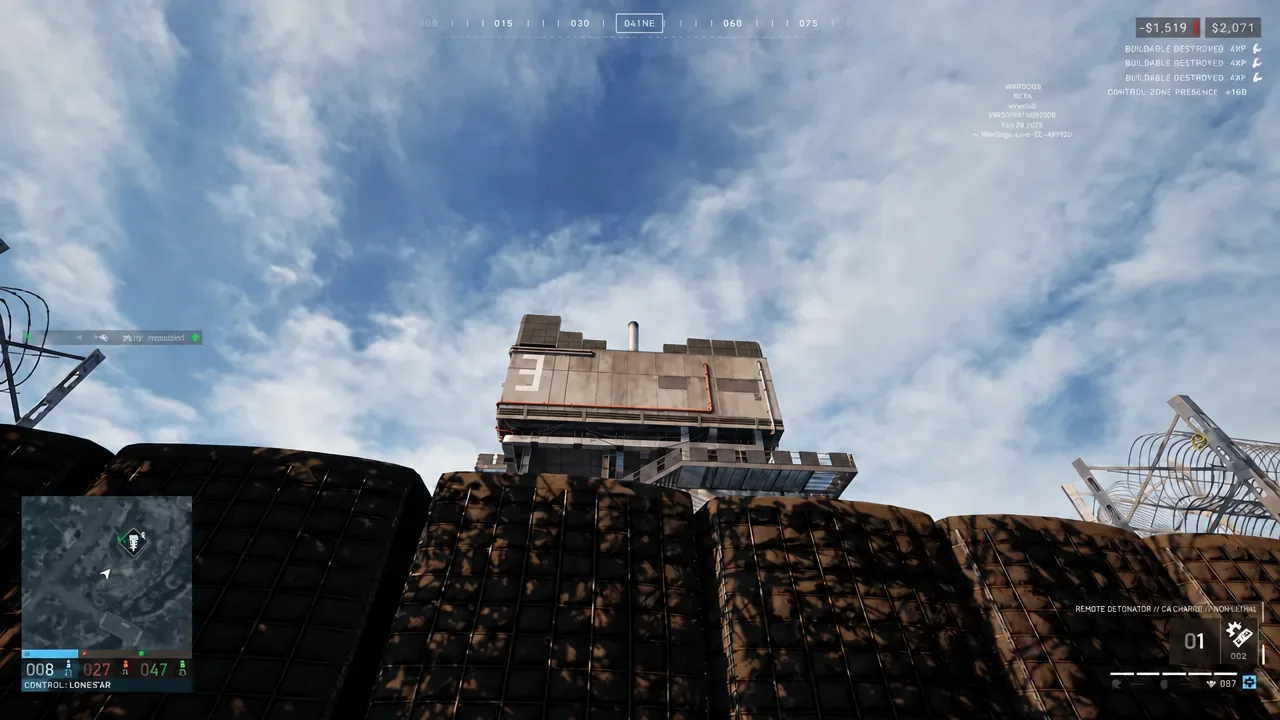 Player with a charged C4 detonator equipped facing a building marked with a 3
