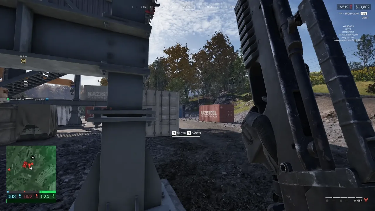 In-match HUD showing the TIP $20 prompt with F1 to tip and F2 to cancel