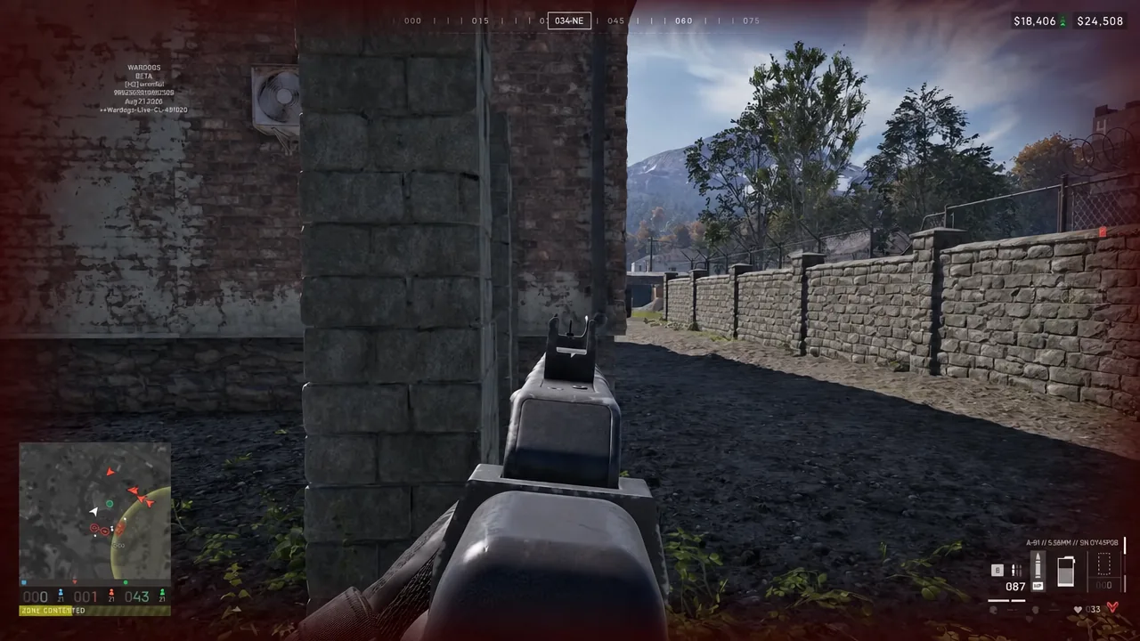 Player aiming down iron sights around a stone corner while wounded, minimap and ammo counter visible
