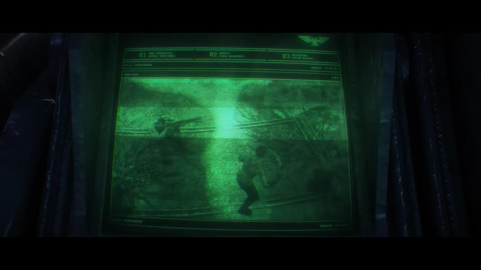 Surveillance monitor showing a crouching figure in the dark above a three-step progress bar
