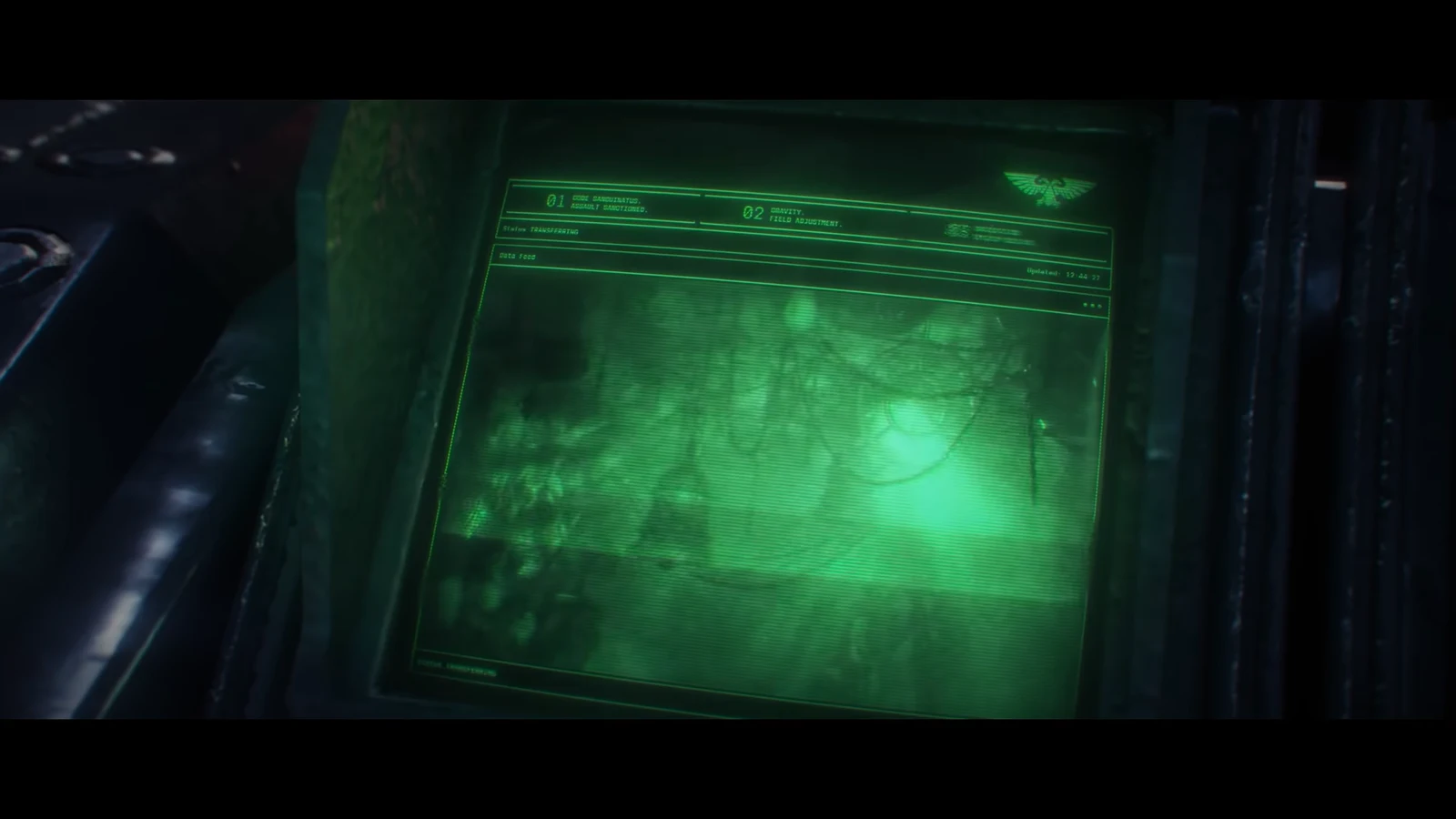 Green Data Feed monitor showing live surveillance imagery during a transfer process