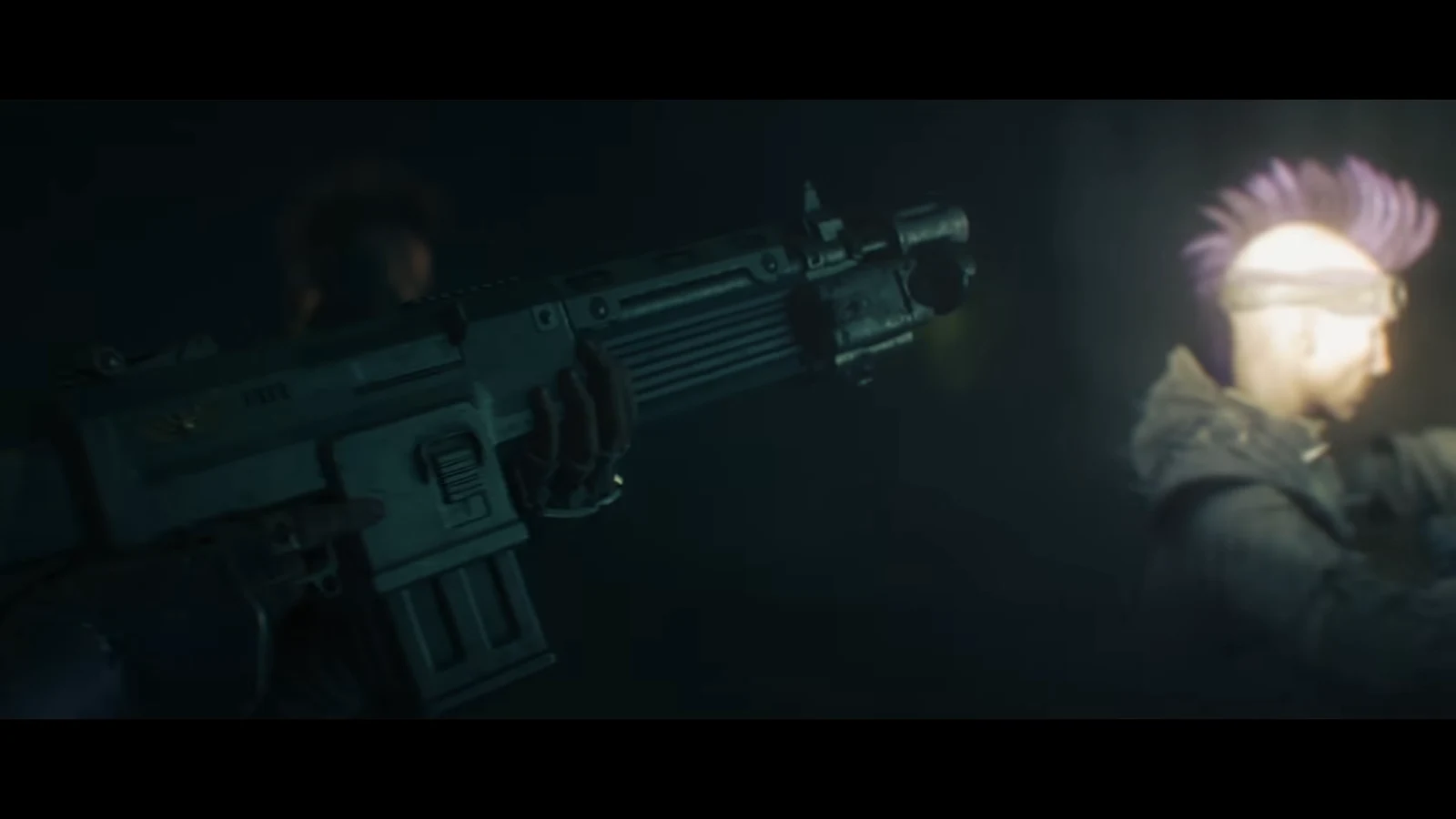 A four-person squad advancing through a dark industrial corridor in the Hive