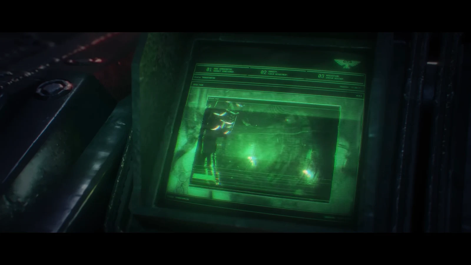 Green tactical monitor showing the squad's live surveillance feed with a scan progress bar