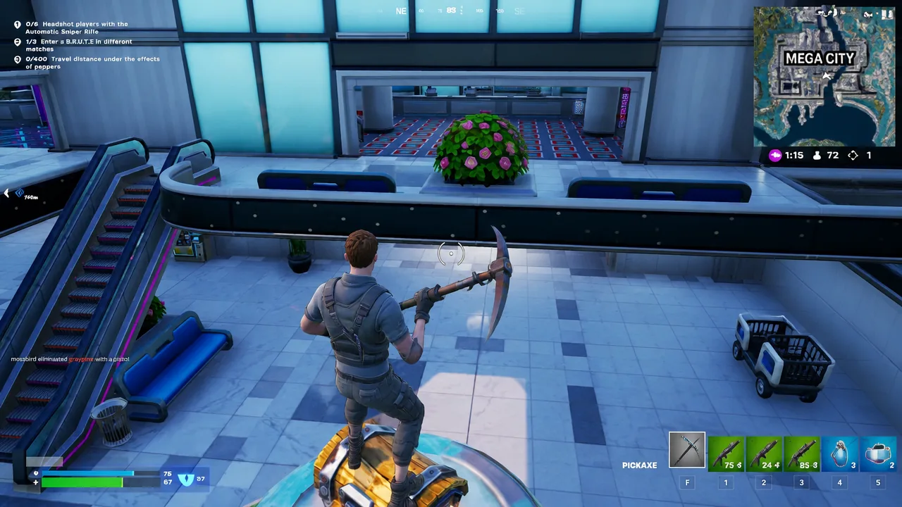 Fortnite HUD with the pickaxe slot highlighted while the player moves through the Mega City area