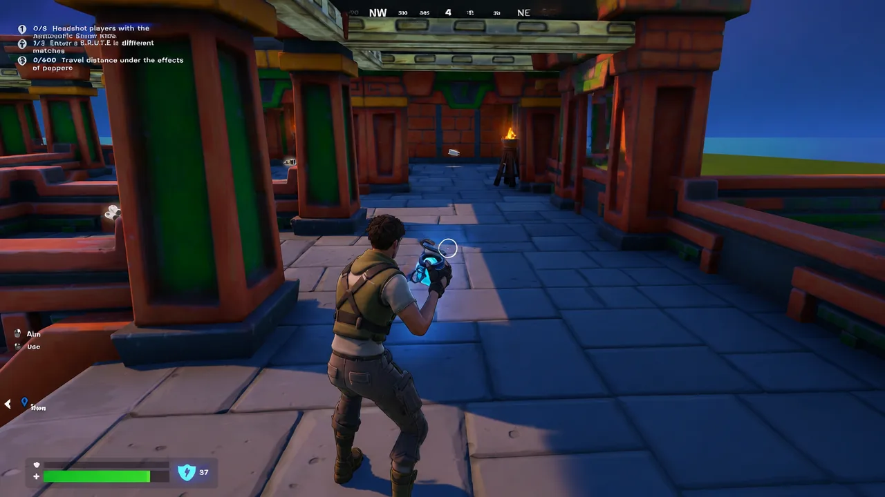 Player aiming a blue weapon down a temple corridor during a Battle Royale match