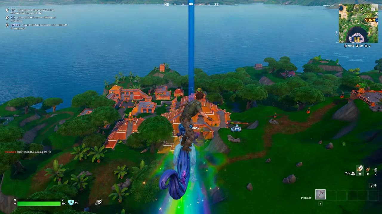 Fortnite player gliding down toward a landing marker during the drop phase of a Battle Royale match