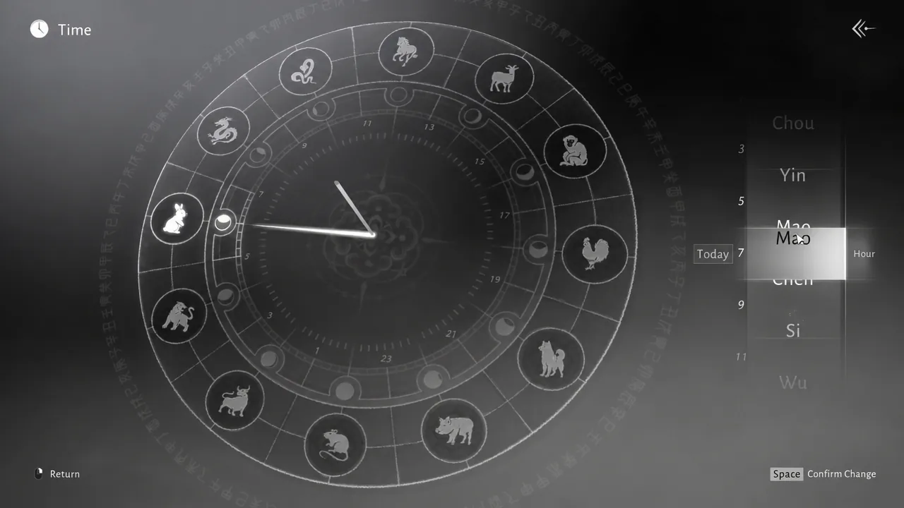 In-game time menu with the traditional hour list open, Mao highlighted on the right side