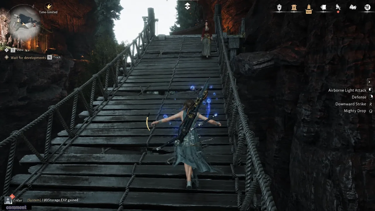 Crossing the wooden bridge at Hangrock Hamlet with the quest tracker showing the next objective