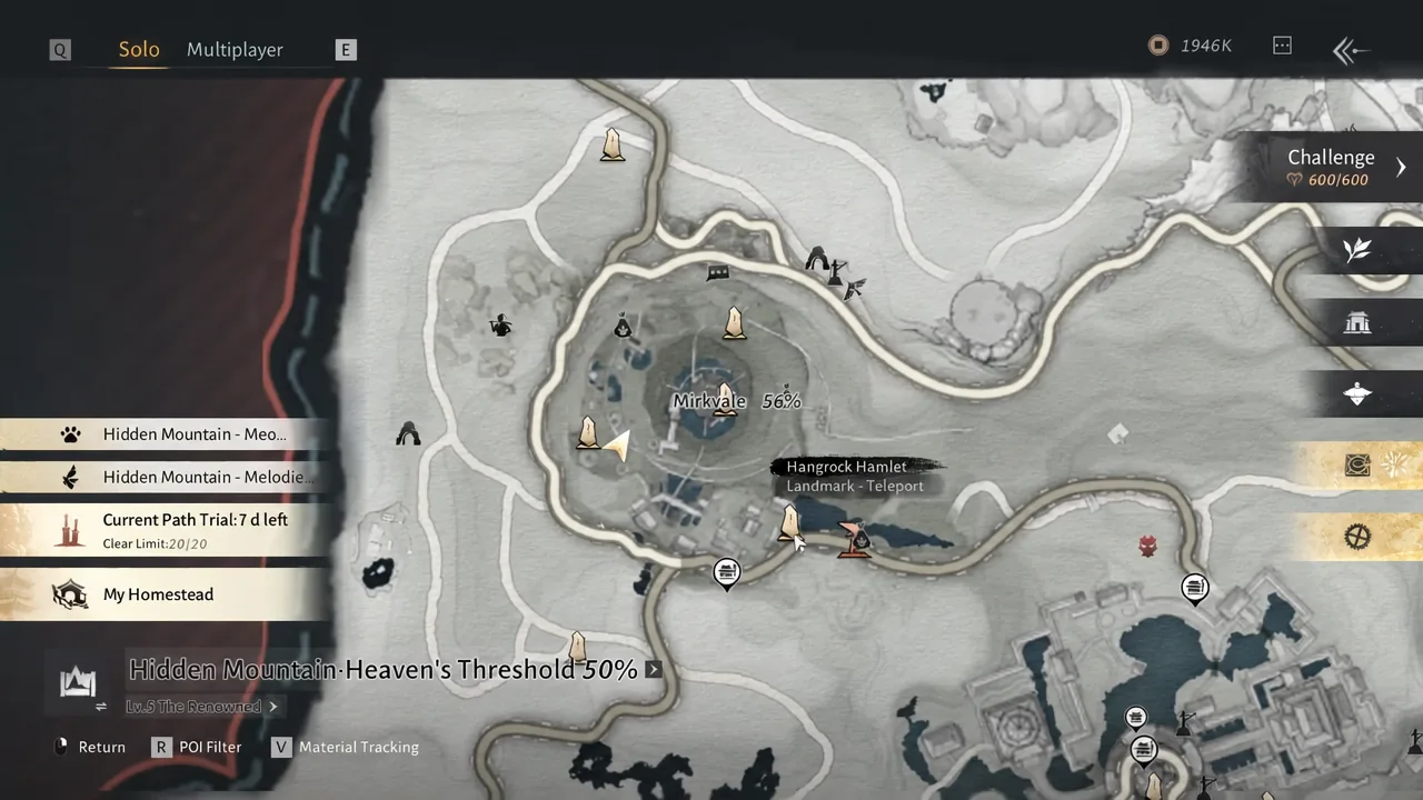 World map open on Hidden Mountain, Heaven's Threshold at 50 percent exploration before fast travelling