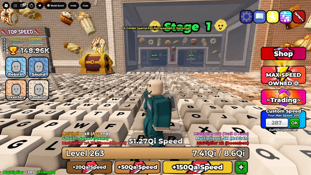 Custom Speed field showing 287 next to the OK button during a run