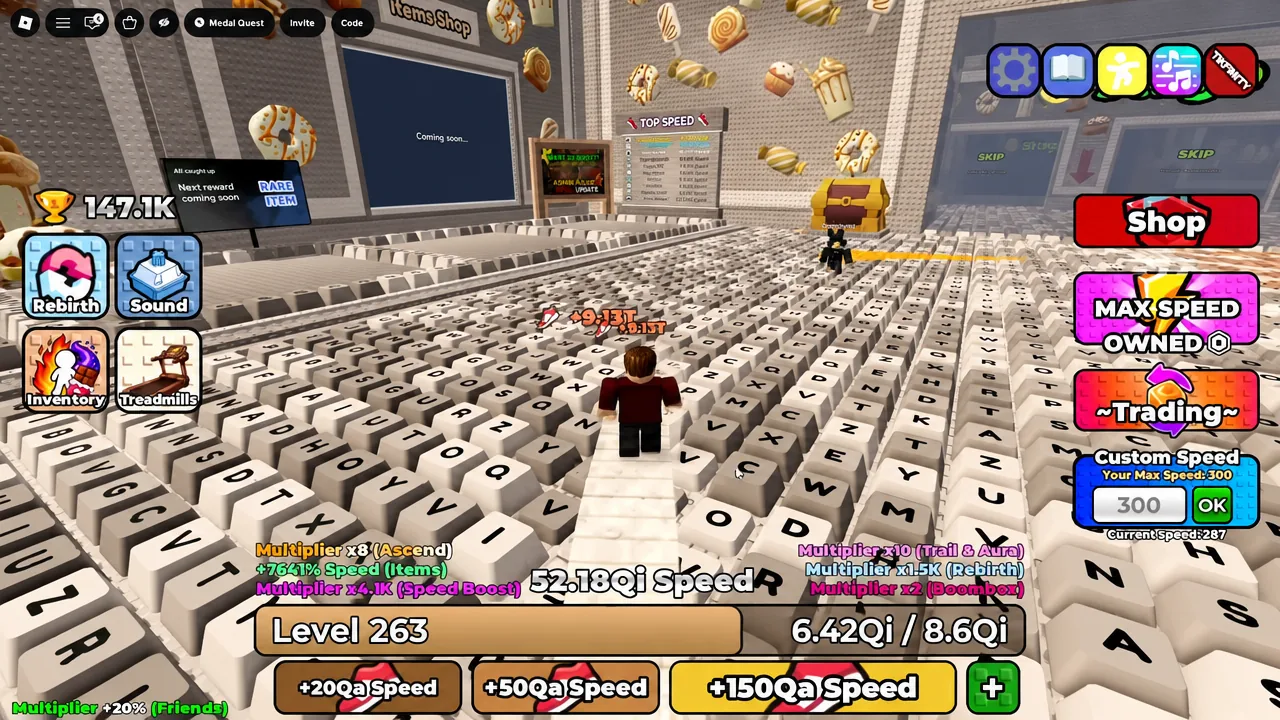 Player running along the keyboard track with the Shop button and Custom Speed field visible