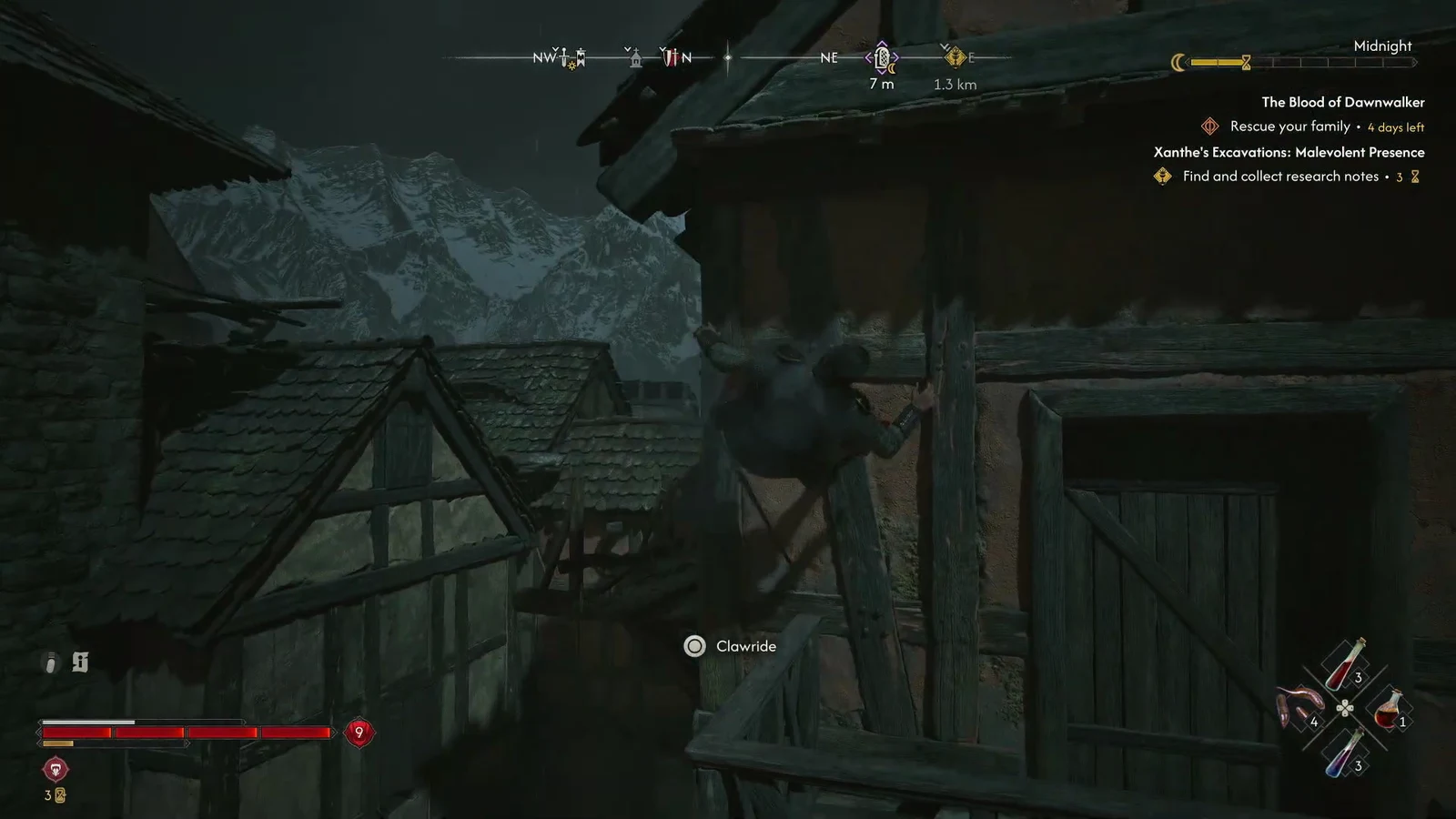 Clawride prompt appearing as Coen reaches for the wooden wall of the building at night