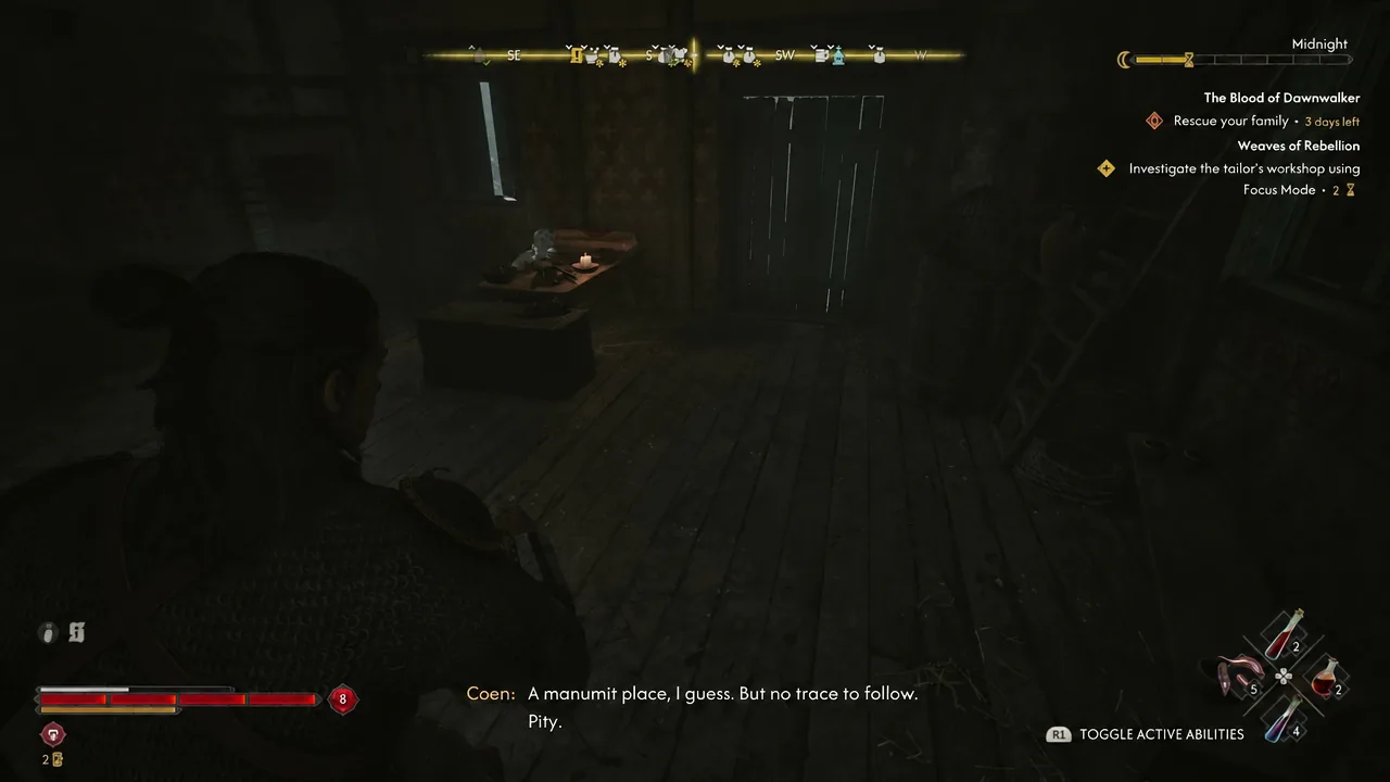 Quest tracker reading Investigate the tailor's workshop using Focus Mode while Coen searches the dark room