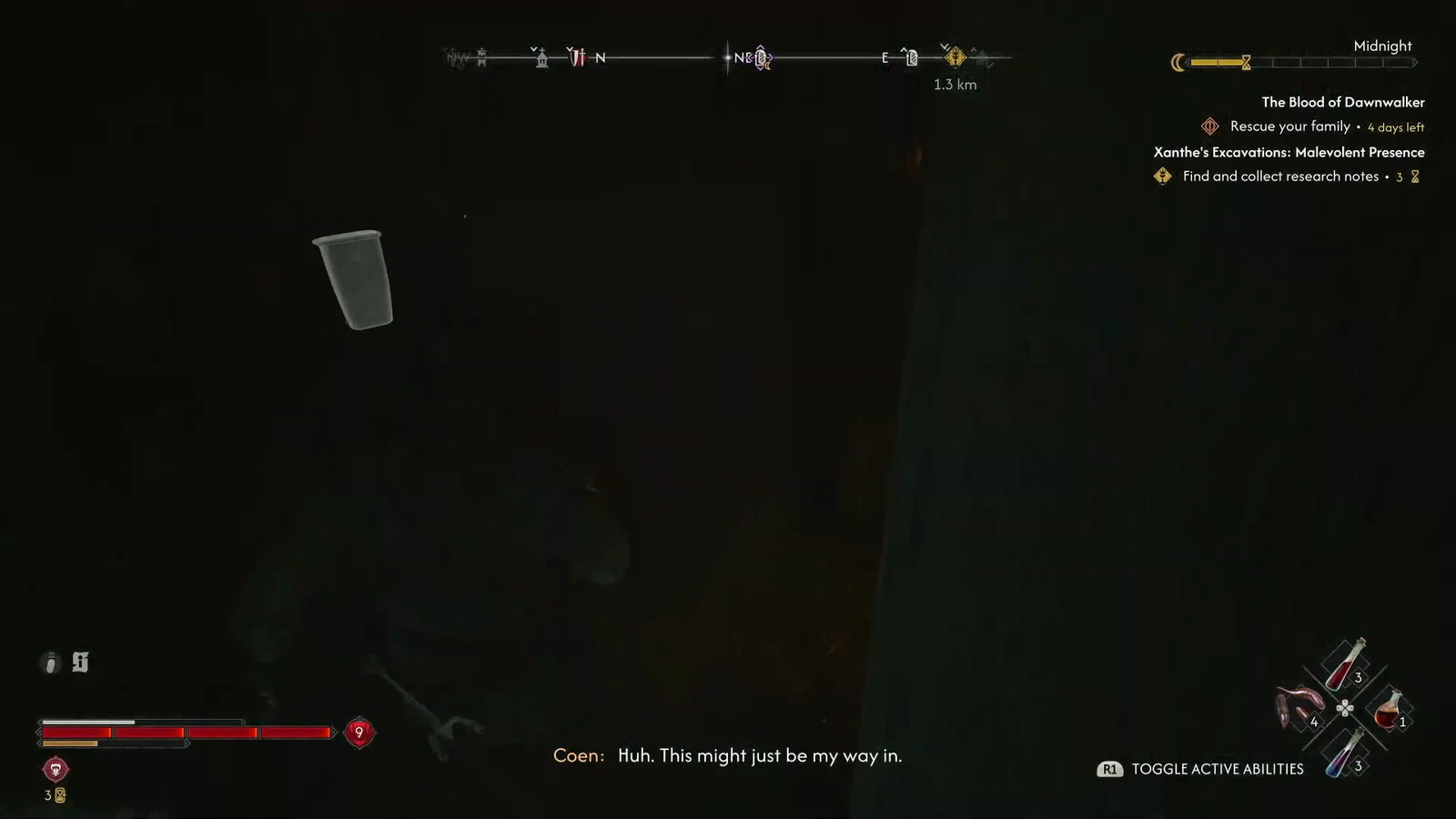 Coen inside a dark interior in Svartrau City with the quest tracker visible on the right