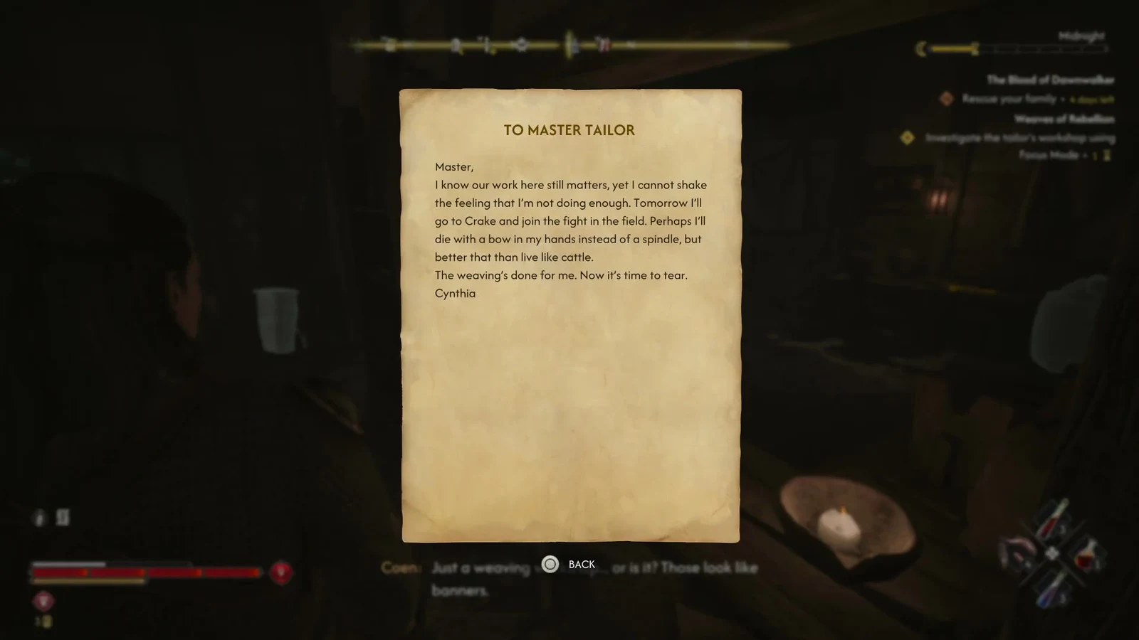 The open letter titled TO MASTER TAILOR displayed on screen as Coen reads it