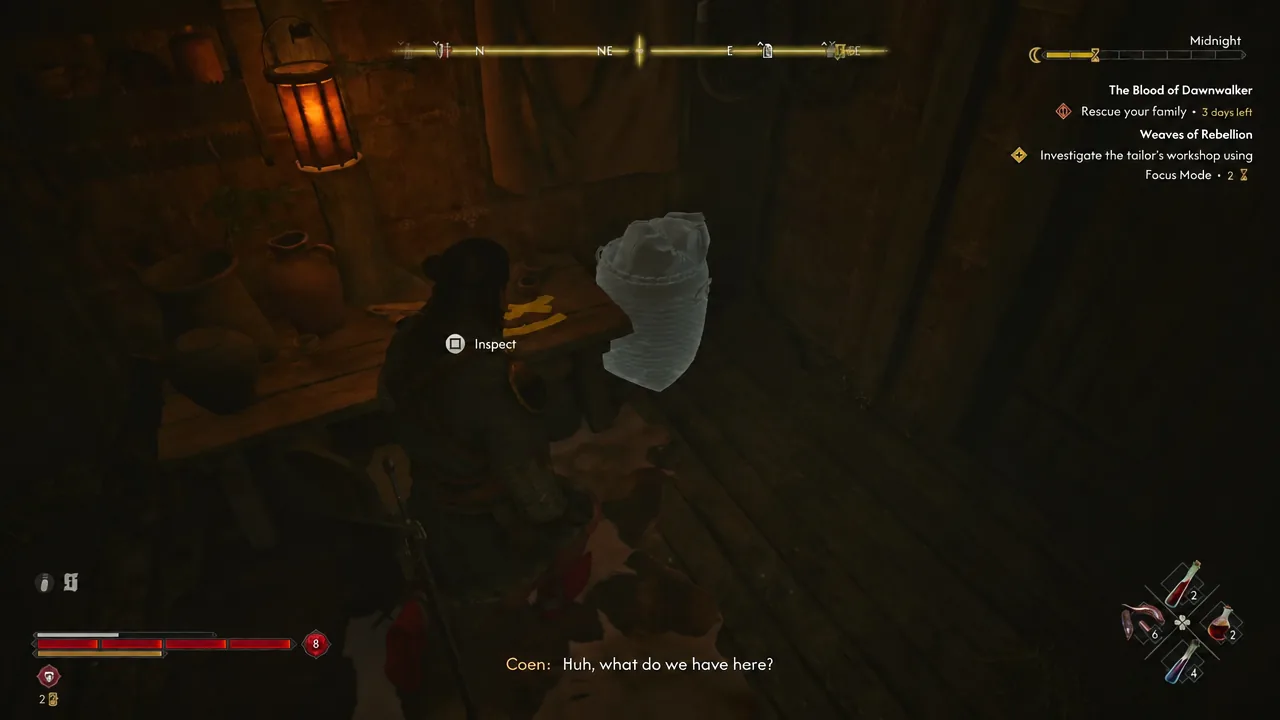An urn outlined in Focus Mode with the Inspect prompt shown on screen