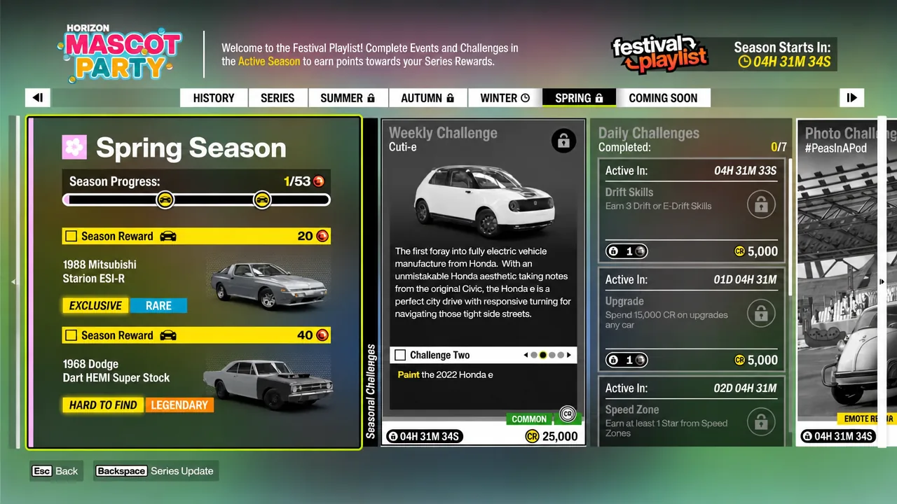 Festival Playlist menu on the Spring Season tab listing weekly and daily challenges alongside seasonal rewards.