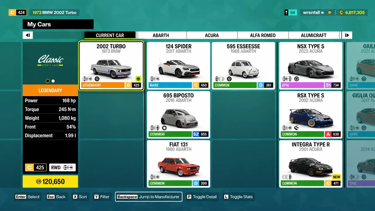 My Cars menu showing the BMW 2002 Turbo listed as the current car before swapping vehicles.