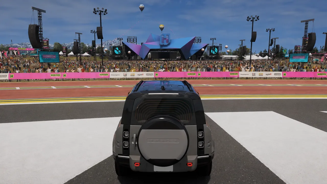 Driving the Defender toward a Danger Sign jump ramp
