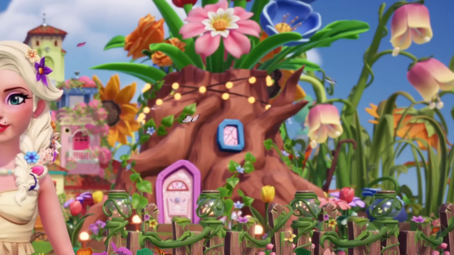 Furniture placement mode showing a building being positioned as a scene backdrop