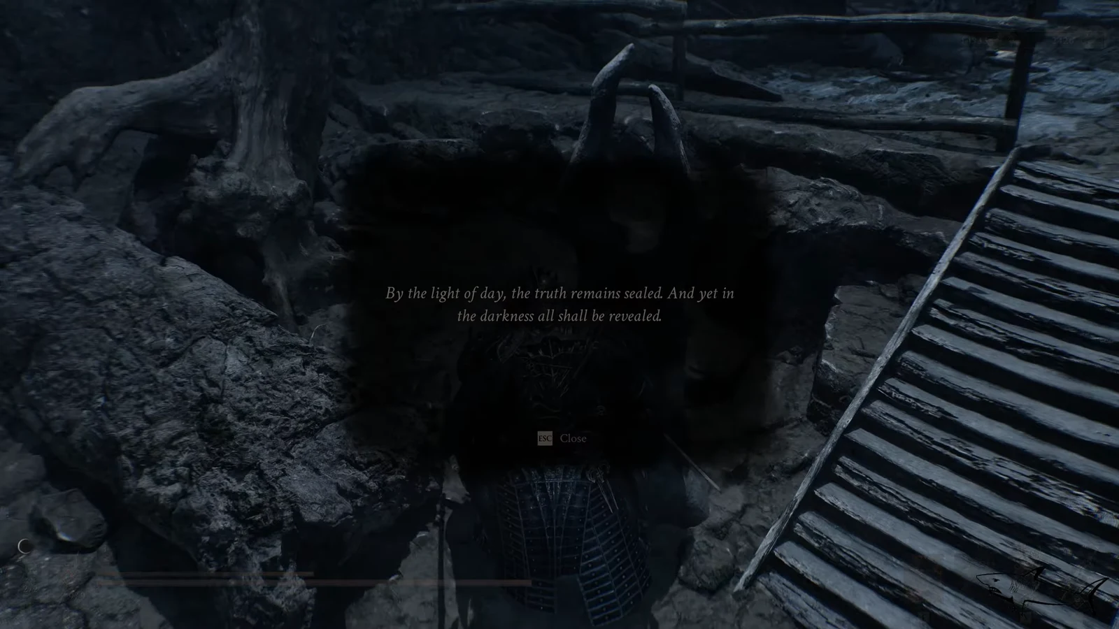 In-game message reading By the light of day with an ESC Close prompt over a dark scene