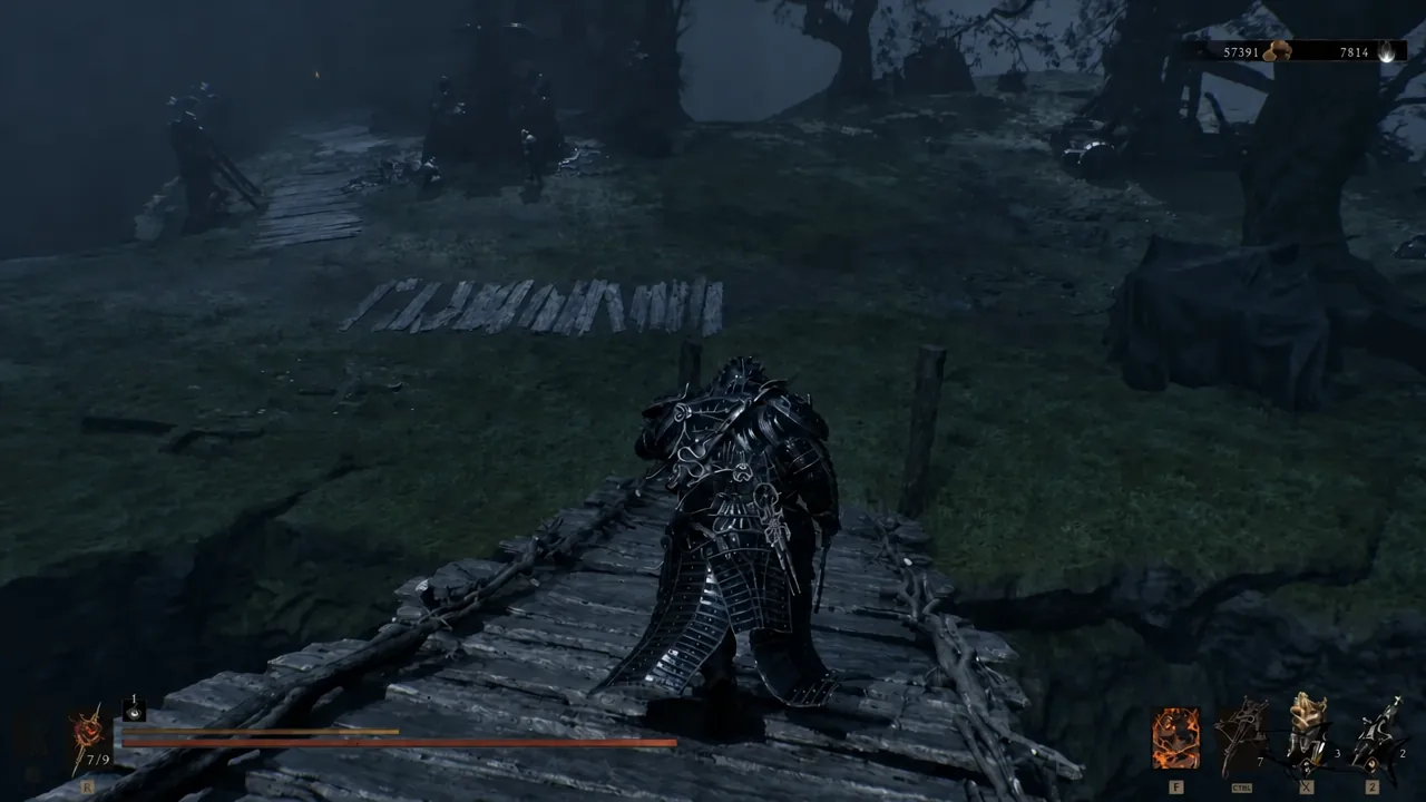The Harbinger crossing a wooden bridge toward enemies on the route to the outpost