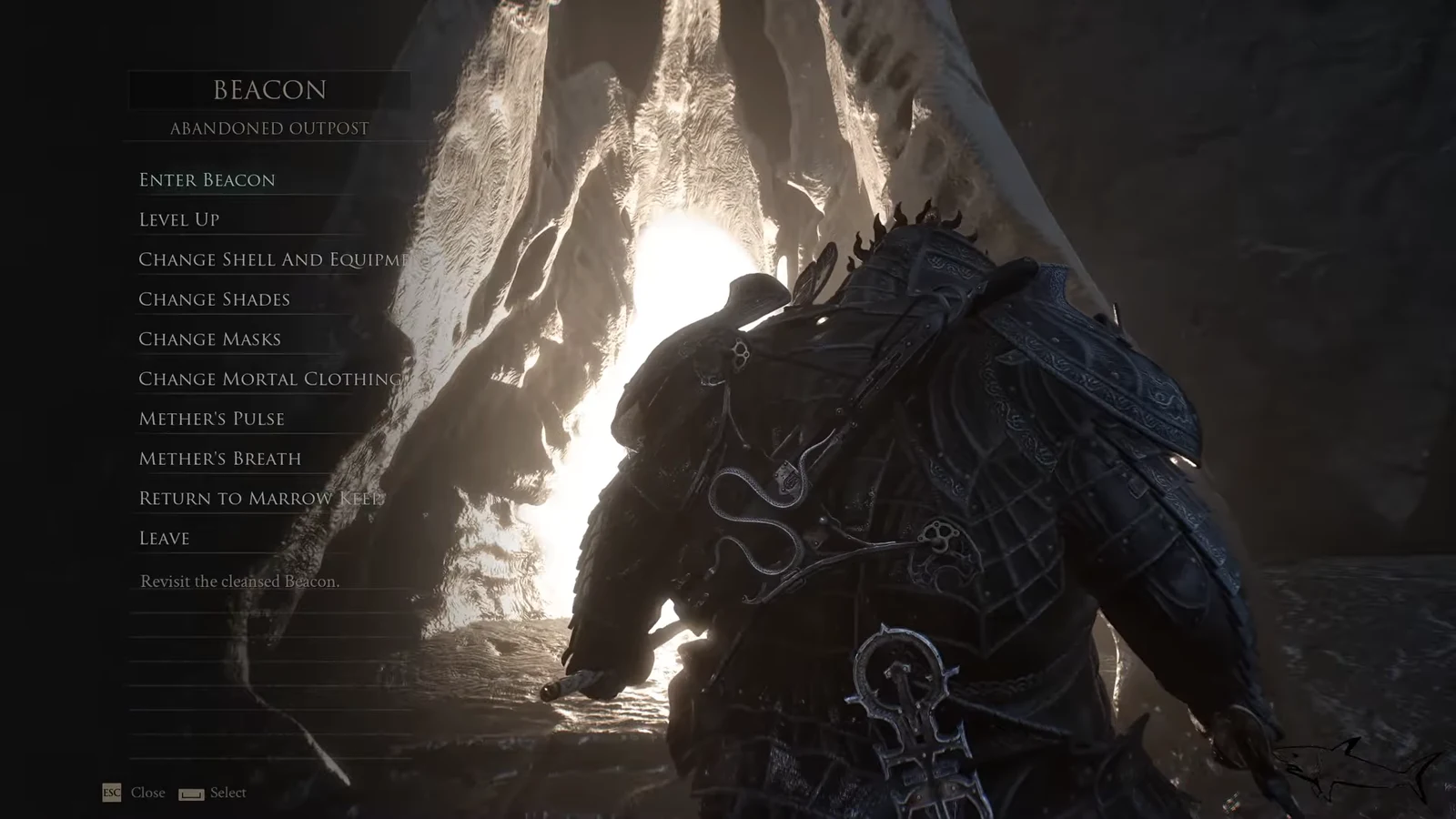Beacon prompt at the Abandoned Outpost with the Enter Beacon option highlighted