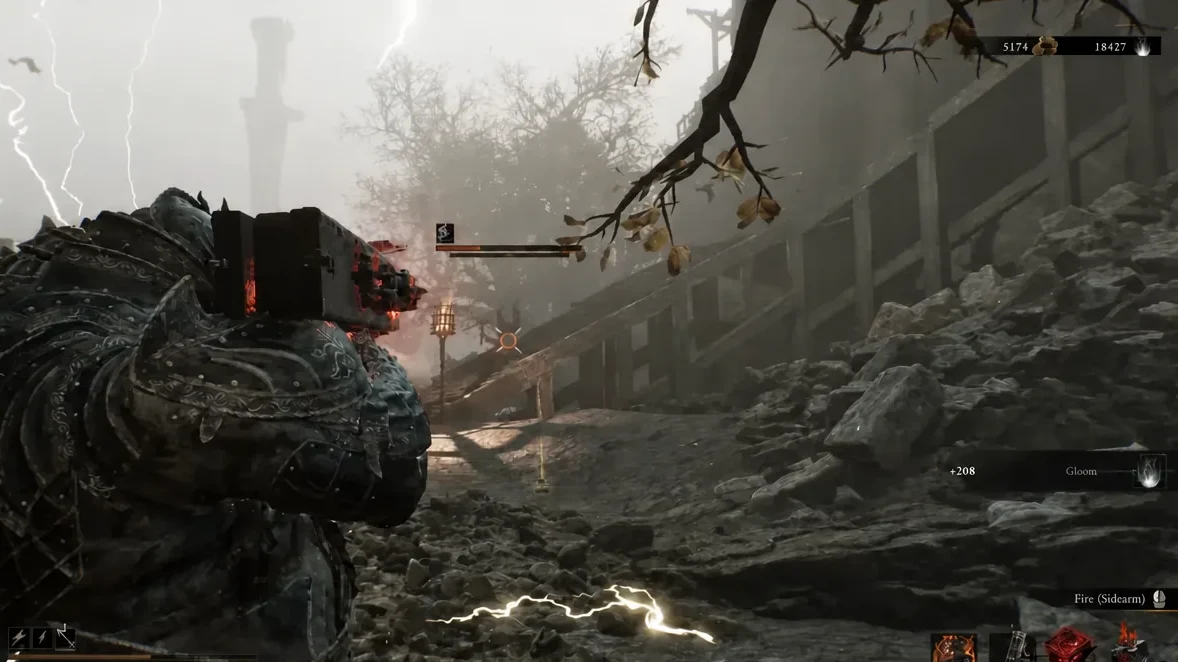 Harbinger aiming a Sidearm at an enemy with the crosshair and enemy health bar on screen
