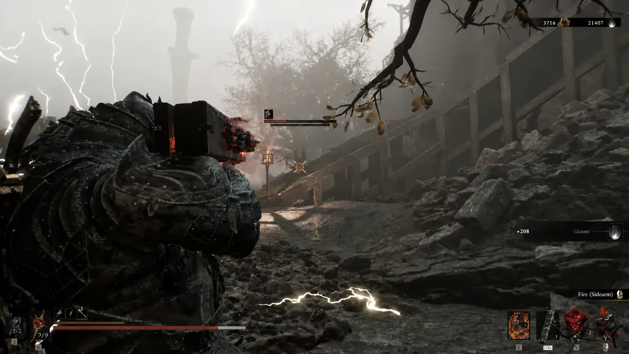 Player aims a Sidearm at a wounded enemy, crosshair centered under the enemy health bar