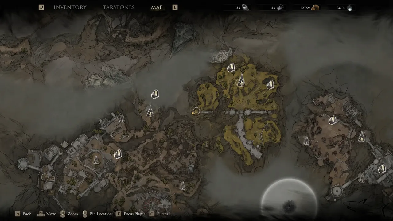 Map screen with a circular marker highlighted over the route to the Abandoned Outpost